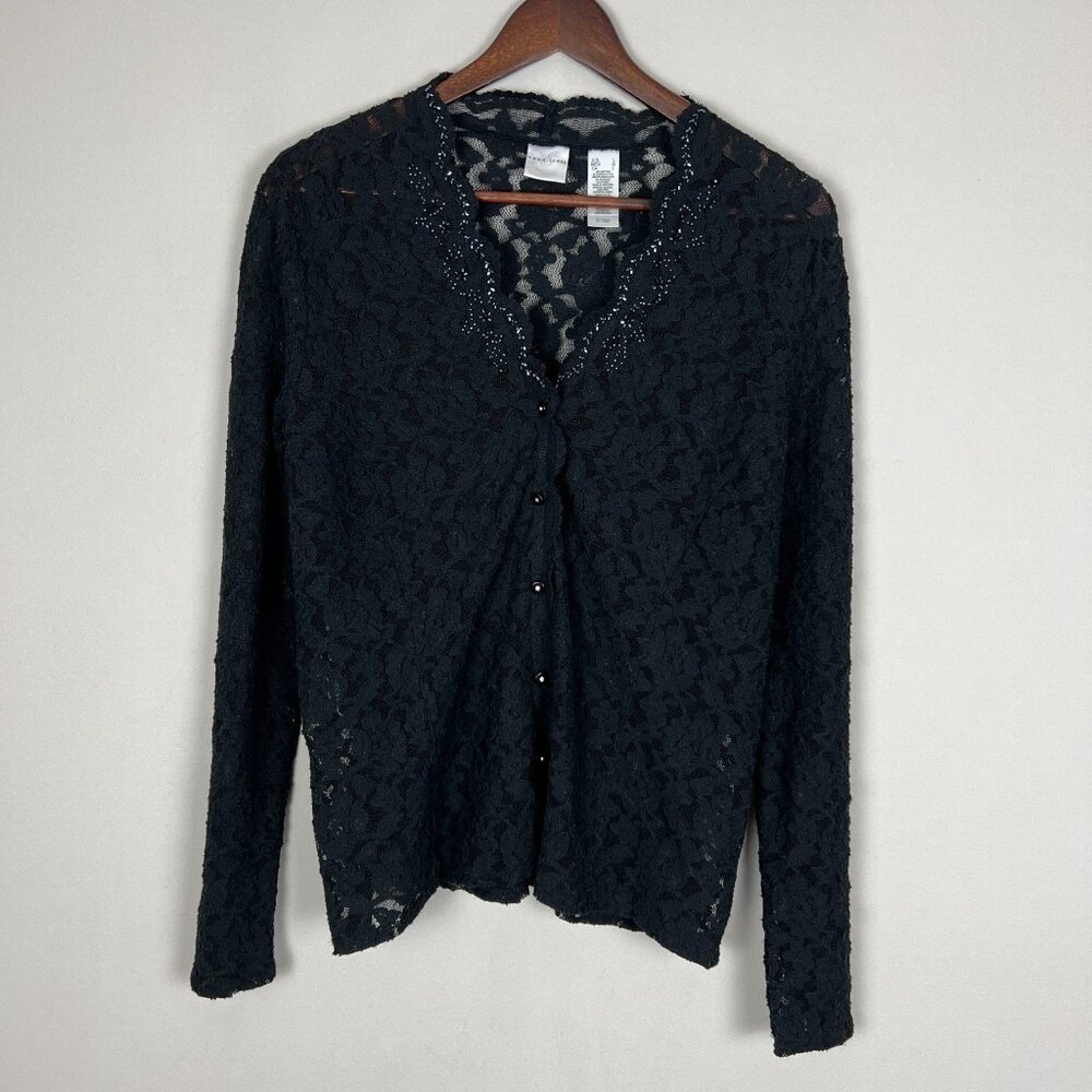Emma James Cardigan Womens Large Black Lace Button Up Scallop Beaded Long Sleeve